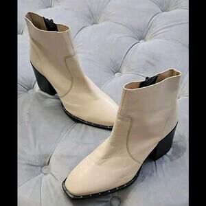 Asos Design Cream Beige Leather Square Toe Block Heels Mid Boots Womens Shoes 6